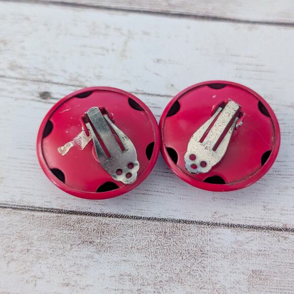 Vintage Clip On Earrings 1 & 1/8" Large Domed Circular Red Retro Statement - Picture 4 of 5